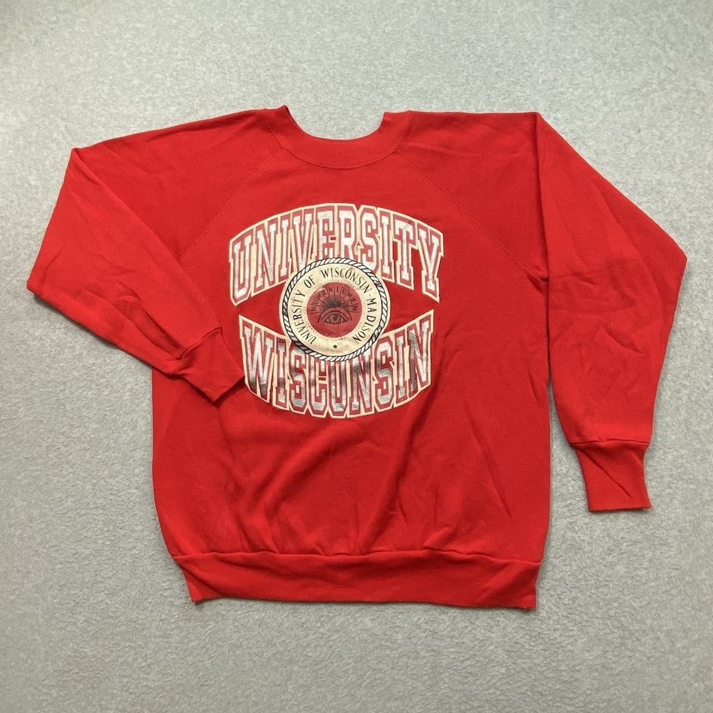 VTG Champion Red Sweatshirt Men Sz L University Of Wisconsin Pullover Distressed